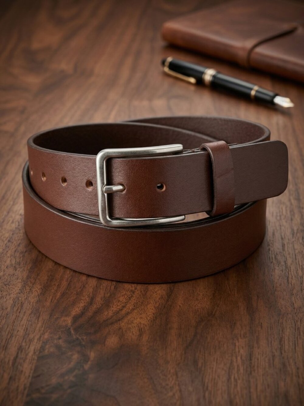 Genuine Leather Men Belt Brown with Heavy Silver Buckle